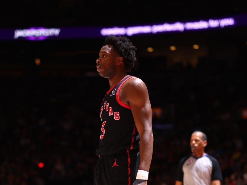 TORONTO, CANADA - MARCH 16:  OG Anunoby #3 of the Toronto Raptors looks on during the game on March 16, 2023 at the Scotiabank Arena in Toronto, Ontario, Canada.  NOTE TO USER: User expressly acknowledges and agrees that, by downloading and or using this Photograph, user is consenting to the terms and conditions of the Getty Images License Agreement.  Mandatory Copyright Notice: Copyright 2023 NBAE (Photo by Vaughn Ridley/NBAE via Getty Images)