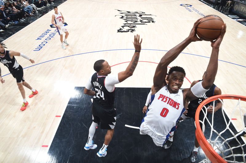 LOS ANGELES, CA - FEBRUARY 10:  Jalen Duren #0 of the Detroit Pistons goes to the basket during the game on February 10, 2024 at Crypto.Com Arena in Los Angeles, California. NOTE TO USER: User expressly acknowledges and agrees that, by downloading and/or using this Photograph, user is consenting to the terms and conditions of the Getty Images License Agreement. Mandatory Copyright Notice: Copyright 2024 NBAE (Photo by Adam Pantozzi/NBAE via Getty Images)