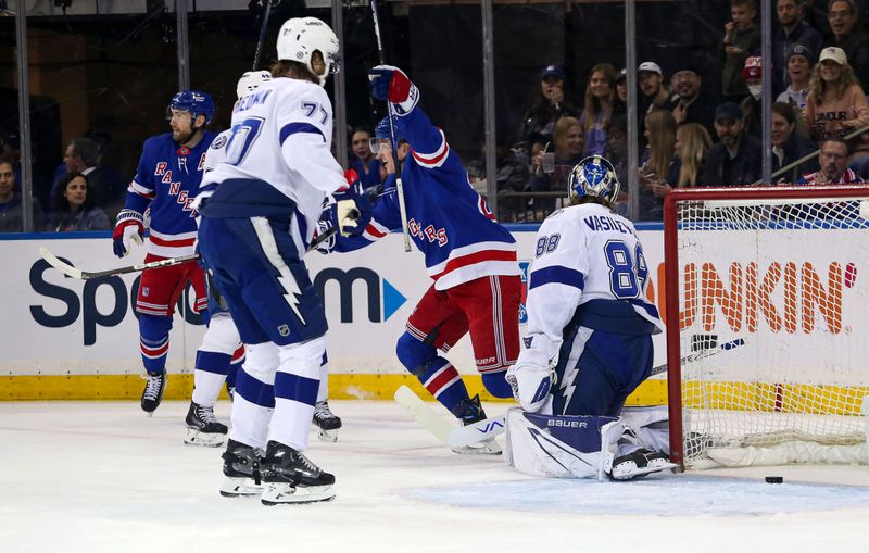 Apr 5, 2023; New York, New York, USA; New York Rangers left wing Jimmy Vesey (26) reacts to a goal by New York Rangers center Tyler Motte (not pictured) against Tampa Bay Lightning goalie Andrei Vasilevskiy (88) during the first period at Madison Square Garden. Mandatory Credit: Danny Wild-USA TODAY Sports