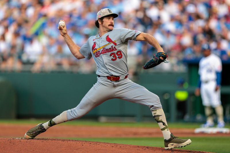 May 17, 2025; Kansas City, Missouri, USA; St. Louis Cardinals pitcher Miles Mikolas (39) pitches during the first inning against the Kansas City Royals at Kauffman Stadium. Mandatory Credit: William Purnell-Imagn Images