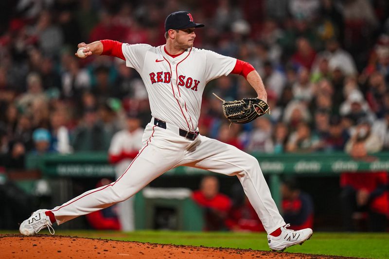 Jun 10, 2025; Boston, Massachusetts, USA; Boston Red Sox pitcher Garrett Whitlock (22) throws a pitch against the Tampa Bay Rays in the seventh inning at Fenway Park. Mandatory Credit: David Butler II-Imagn Images