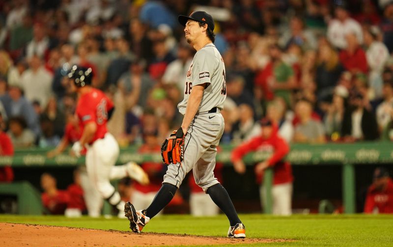 May 31, 2024; Boston, Massachusetts, USA; Detroit Tigers starting pitcher Kenta Maeda (18) reacts after Boston Red Sox left fielder Rob Refsnyder (30) hits a double to drive in a run in the fifth inning at Fenway Park. Mandatory Credit: David Butler II-USA TODAY Sports