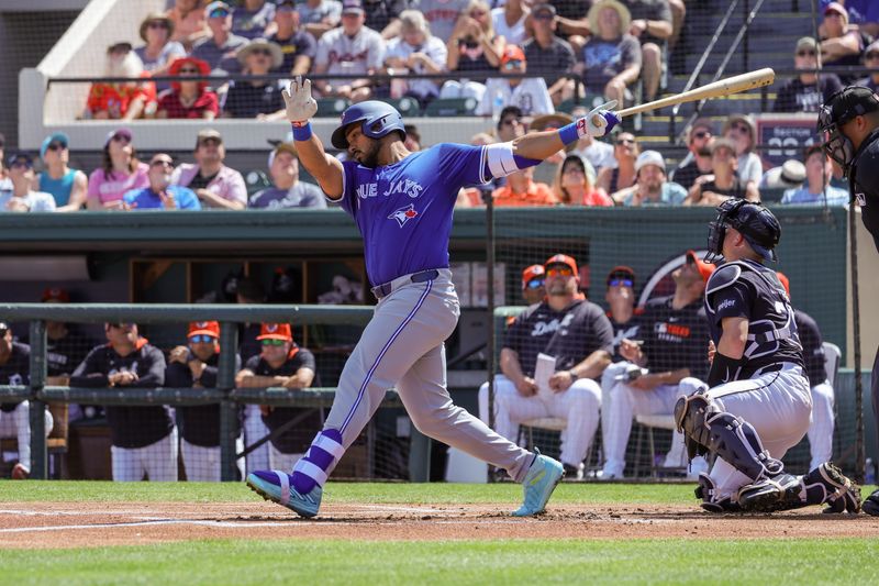 Mar 3, 2025; Lakeland, Florida, USA; Toronto Blue Jays outfielder Anthony Santander (25) bats during the first inning against the Detroit Tigers at Publix Field at Joker Marchant Stadium. Mandatory Credit: Mike Watters-Imagn Images