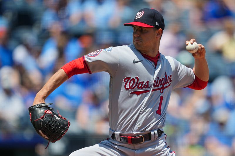 May 28, 2023; Kansas City, Missouri, USA; Washington Nationals starting pitcher MacKenzie Gore (1) pitches during the first inning against the Kansas City Royals at Kauffman Stadium. Mandatory Credit: Jay Biggerstaff-USA TODAY Sports