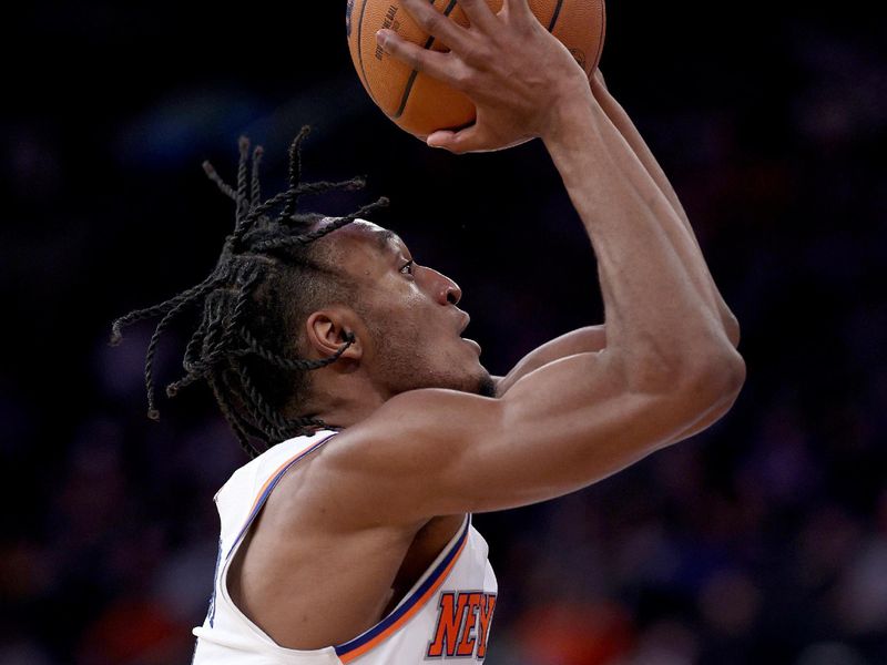 NEW YORK, NEW YORK - APRIL 09:  Immanuel Quickley #5 of the New York Knicks looks to take a shot in the second half against the Indiana Pacers at Madison Square Garden on April 09, 2023 in New York City. NOTE TO USER: User expressly acknowledges and agrees that, by downloading and or using this photograph, User is consenting to the terms and conditions of the Getty Images License Agreement. (Photo by Elsa/Getty Images)