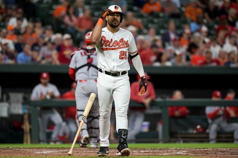 Sep 13, 2023; Baltimore, Maryland, USA;  Baltimore Orioles right fielder Anthony Santander (25) reacts after striking out to end the third inning against the St. Louis Cardinals at Oriole Park at Camden Yards. Mandatory Credit: Tommy Gilligan-USA TODAY Sports