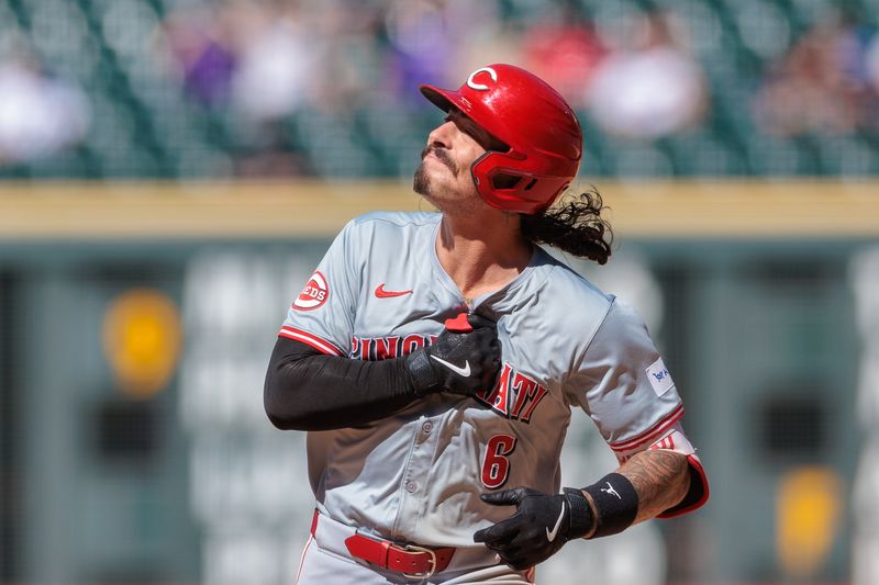 Jun 5, 2024; Denver, Colorado, USA; Cincinnati Reds second base Jonathan India (6) runs the bases after hitting a home run during the ninth inning against the Colorado Rockies at Coors Field. Mandatory Credit: Andrew Wevers-USA TODAY Sports