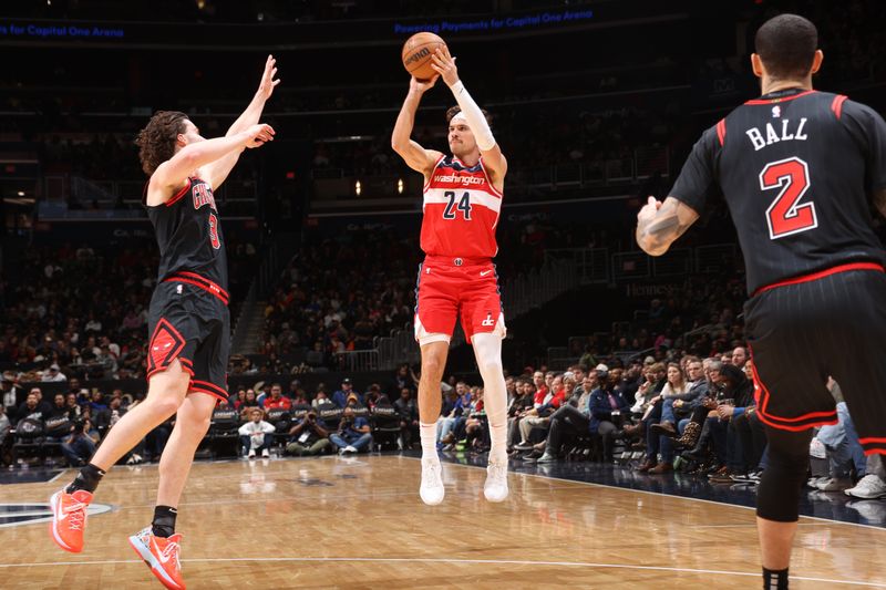 WASHINGTON, DC -? JANUARY 1: Corey Kispert #24 of the Washington Wizards shoots the ball during the game against the Chicago Bulls on January 1, 2025 at Capital One Arena in Washington, DC. NOTE TO USER: User expressly acknowledges and agrees that, by downloading and or using this Photograph, user is consenting to the terms and conditions of the Getty Images License Agreement. Mandatory Copyright Notice: Copyright 2025 NBAE (Photo by Kenny Giarla/NBAE via Getty Images)