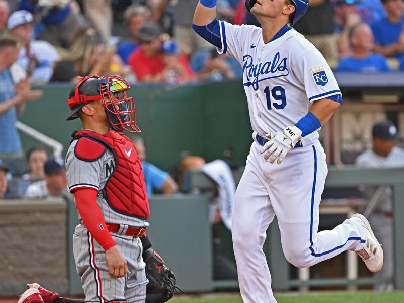 Jul 29, 2023; Kansas City, Missouri, USA;  Kansas City Royals second baseman Michael Massey (19) reacts after hitting a solo home run during the second inning against the Minnesota Twins at Kauffman Stadium. Mandatory Credit: Peter Aiken-USA TODAY Sports