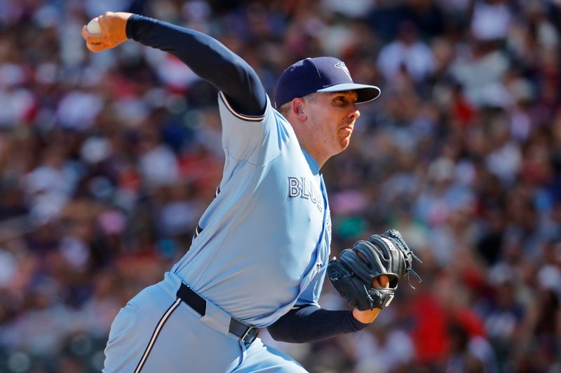 Sep 1, 2024; Minneapolis, Minnesota, USA; Toronto Blue Jays relief pitcher Chad Green (57) throws to the Minnesota Twins in the eighth inning at Target Field. Mandatory Credit: Bruce Kluckhohn-USA TODAY Sports