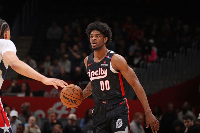 WASHINGTON, DC -? FEBRUARY 26: Scoot Henderson #00 of the Portland Trail Blazers handles the ball during the game against the Washington Wizards on February 26, 2025 at Capital One Arena in Washington, DC. NOTE TO USER: User expressly acknowledges and agrees that, by downloading and or using this Photograph, user is consenting to the terms and conditions of the Getty Images License Agreement. Mandatory Copyright Notice: Copyright 2025 NBAE (Photo by Stephen Gosling/NBAE via Getty Images)