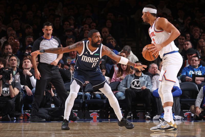 NEW YORK, NY - FEBRUARY 8: Kyrie Irving #11 of the Dallas Mavericks plays defense during the game against the New York Knicks on February 8, 2024 at Madison Square Garden in New York City, New York.  NOTE TO USER: User expressly acknowledges and agrees that, by downloading and or using this photograph, User is consenting to the terms and conditions of the Getty Images License Agreement. Mandatory Copyright Notice: Copyright 2024 NBAE  (Photo by Nathaniel S. Butler/NBAE via Getty Images)