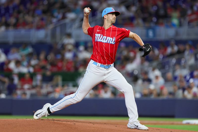 Sep 16, 2023; Miami, Florida, USA; Miami Marlins starting pitcher Bryan Hoeing (78) delivers against the Atlanta Braves during the first inning at loanDepot Park. Mandatory Credit: Sam Navarro-USA TODAY Sports