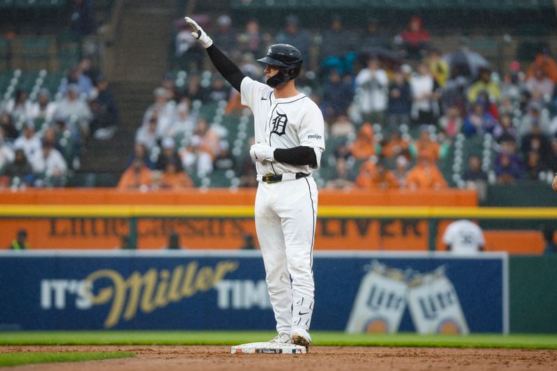 Sep 28, 2024; Detroit, Michigan, USA; Detroit Tigers catcher Dillon Dingler (38) reacts after hitting a double against the Chicago White Sox during the fifth inning at Comerica Park. Mandatory Credit: Brian Bradshaw Sevald-Imagn Images