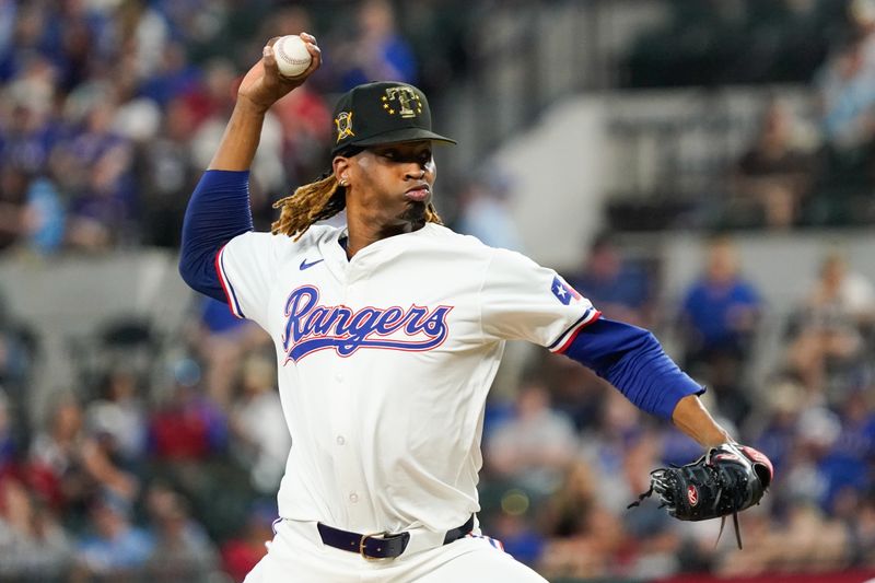 May 18, 2024; Arlington, Texas, USA; Texas Rangers starting pitcher Jose Urena (54) throws to the plate during the first inning against the Los Angeles Angels at Globe Life Field. Mandatory Credit: Raymond Carlin III-USA TODAY Sports