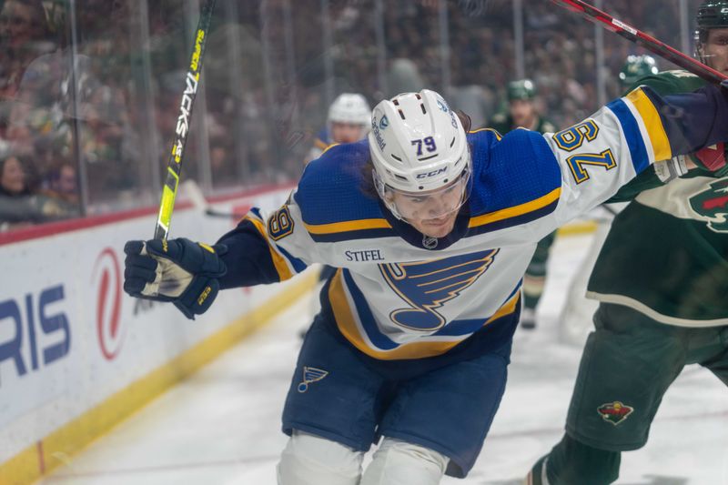 Apr 8, 2023; Saint Paul, Minnesota, USA; St. Louis Blues left wing Sammy Blais (79) skates in the Minnesota Wild zone at Xcel Energy Center. Mandatory Credit: Matt Blewett-USA TODAY Sports