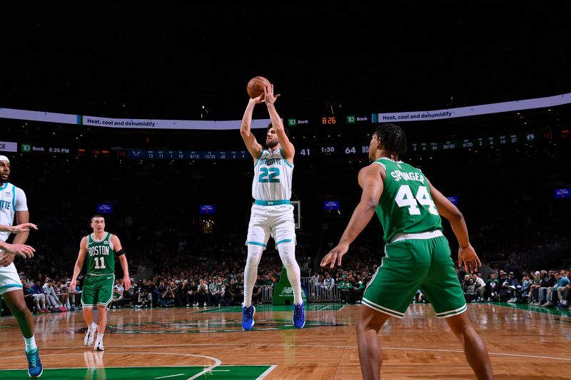 BOSTON, MA - APRIL 12:  Vasilije Micic #22 of the Charlotte Hornets  shoots the ball during the game against the Boston Celtics on April 12, 2024 at the TD Garden in Boston, Massachusetts. NOTE TO USER: User expressly acknowledges and agrees that, by downloading and or using this photograph, User is consenting to the terms and conditions of the Getty Images License Agreement. Mandatory Copyright Notice: Copyright 2024 NBAE  (Photo by Brian Babineau/NBAE via Getty Images)