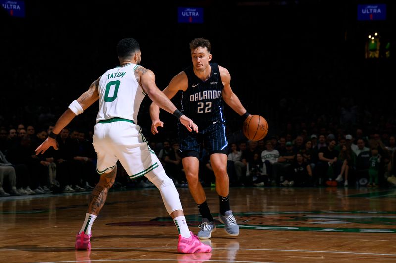 BOSTON, MA - APRIL 20: Franz Wagner #22 of the Orlando Magic dribbles the ball during the game against the Boston Celtics during Round 1 Game 1 of the 2025 NBA Playoffs on April 20, 2025 at TD Garden in Boston, Massachusetts. NOTE TO USER: User expressly acknowledges and agrees that, by downloading and/or using this Photograph, user is consenting to the terms and conditions of the Getty Images License Agreement. Mandatory Copyright Notice: Copyright 2025 NBAE (Photo by Brian Babineau/NBAE via Getty Images)