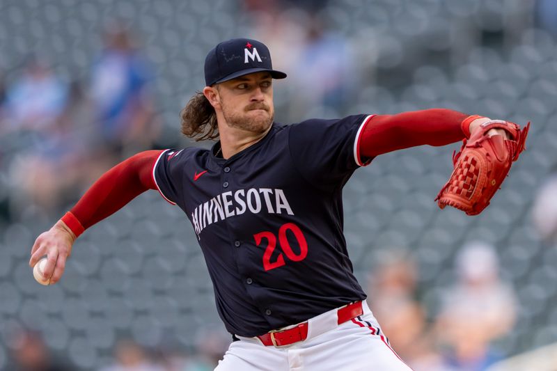 Jun 10, 2024; Minneapolis, Minnesota, USA; Minnesota Twins starting pitcher Chris Paddack (20) delivers a pitch against the Colorado Rockies in the first inning at Target Field. Mandatory Credit: Jesse Johnson-USA TODAY Sports