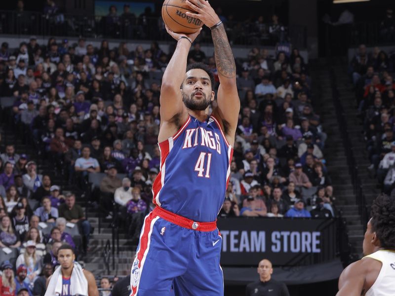 SACRAMENTO, CA - NOVEMBER 16: Trey Lyles #41 of the Sacramento Kings shoots a three point basket during the game against the Utah Jazz on November 16, 2024 at Golden 1 Center in Sacramento, California. NOTE TO USER: User expressly acknowledges and agrees that, by downloading and or using this Photograph, user is consenting to the terms and conditions of the Getty Images License Agreement. Mandatory Copyright Notice: Copyright 2024 NBAE (Photo by Rocky Widner/NBAE via Getty Images)