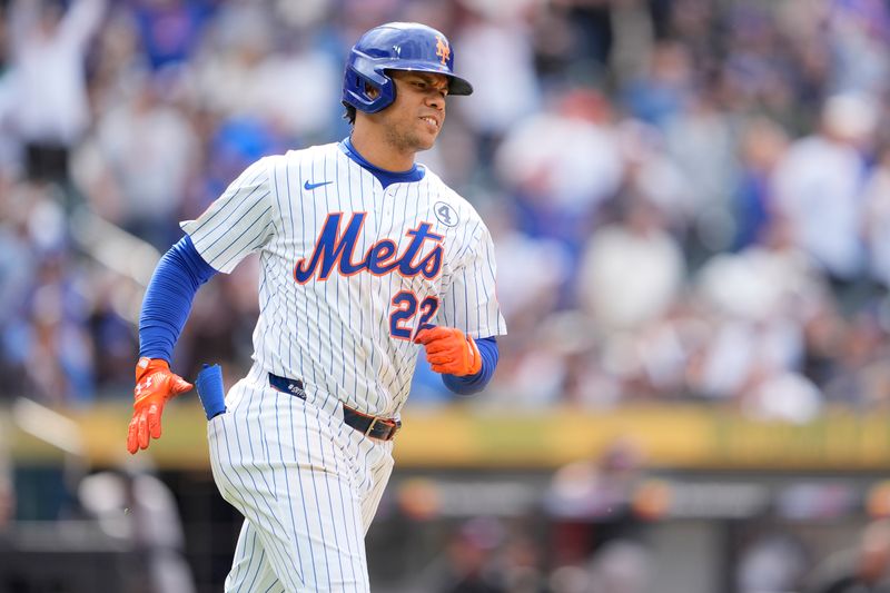 Jun 1, 2025; New York City, New York, USA; New York Mets right fielder Juan Soto (22) rounds the bases after hitting a home run against the Colorado Rockies during the eighth inning at Citi Field. Mandatory Credit: Gregory Fisher-Imagn Images