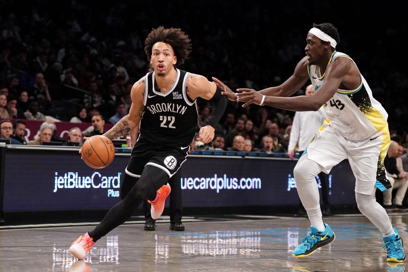 BROOKLYN, NY - January 6: Jalen Wilson #22 of the Brooklyn Nets handles the ball during the game against the Indiana Pacers on January 6, 2025 at Barclays Center in Brooklyn, New York. NOTE TO USER: User expressly acknowledges and agrees that, by downloading and or using this Photograph, user is consenting to the terms and conditions of the Getty Images License Agreement. Mandatory Copyright Notice: Copyright 2025 NBAE (Photo by Catalina Fragoso/NBAE via Getty Images)