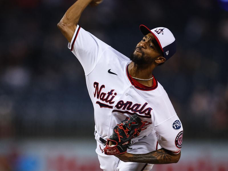 Jun 7, 2023; Washington, District of Columbia, USA; Washington Nationals relief pitcher Carl Edwards Jr. (58) pitches against the Arizona Diamondbacks during the seventh inning at Nationals Park. Mandatory Credit: Scott Taetsch-USA TODAY Sports