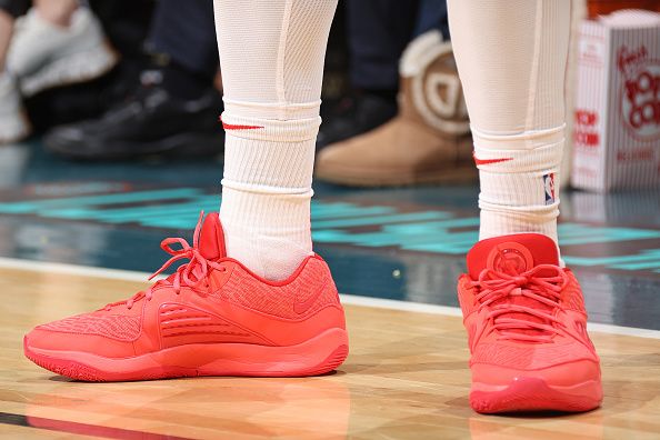 WASHINGTON, DC -? DECEMBER 27: The sneakers worn by Pascal Siakam #43 of the Toronto Raptors during the game against the Washington Wizards on December 27, 2023 at Capital One Arena in Washington, DC. NOTE TO USER: User expressly acknowledges and agrees that, by downloading and or using this Photograph, user is consenting to the terms and conditions of the Getty Images License Agreement. Mandatory Copyright Notice: Copyright 2023 NBAE (Photo by Stephen Gosling/NBAE via Getty Images)