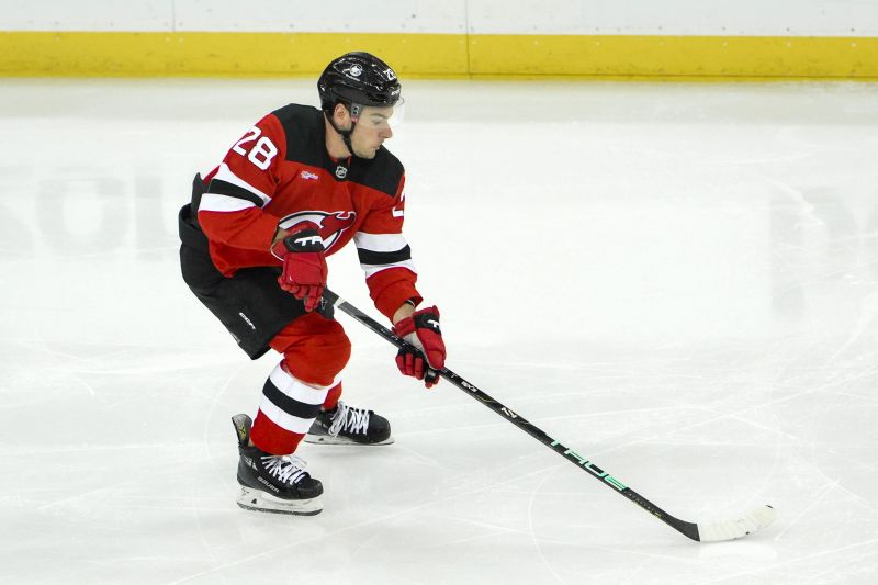 Feb 24, 2024; Newark, New Jersey, USA; New Jersey Devils right wing Timo Meier (28) skates with the puck during the third period against the Montreal Canadiens at Prudential Center. Mandatory Credit: John Jones-USA TODAY Sports