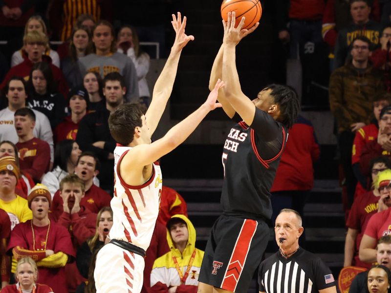 Feb 17, 2024; Ames, Iowa, USA;  Texas Tech Red Raiders guard Darrion Williams (5) shoots the ball against the Iowa State Cyclones during the first half at James H. Hilton Coliseum. Mandatory Credit: Reese Strickland-USA TODAY Sports