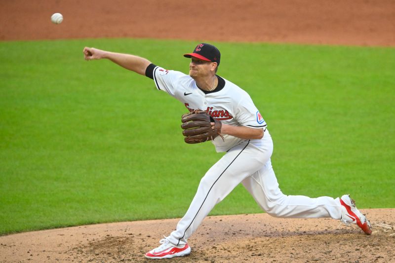 Aug 14, 2024; Cleveland, Ohio, USA; Cleveland Guardians starting pitcher Alex Cobb (35) delivers a pitch in the the sixth inning against the Chicago Cubs at Progressive Field. Mandatory Credit: David Richard-USA TODAY Sports