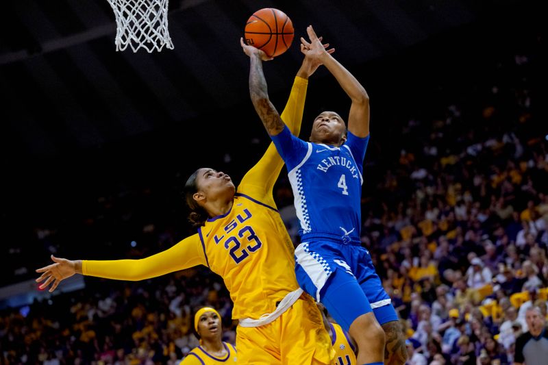 Mar 3, 2024; Baton Rouge, Louisiana, USA; Kentucky Wildcats guard Eniya Russell (4) shoot against LSU Lady Tigers center Aalyah Del Rosario (23) during the first half at Pete Maravich Assembly Center. Mandatory Credit: Matthew Hinton-USA TODAY Sports