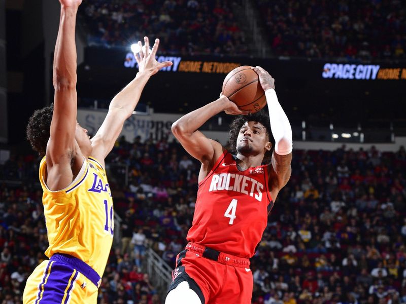 HOUSTON, TX - JANUARY 29:   Jalen Green #4 of the Houston Rockets shoots the ball during the game against the Los Angeles Lakers on January 29, 2024 at the Toyota Center in Houston, Texas. NOTE TO USER: User expressly acknowledges and agrees that, by downloading and or using this photograph, User is consenting to the terms and conditions of the Getty Images License Agreement. Mandatory Copyright Notice: Copyright 2024 NBAE (Photo by Logan Riely/NBAE via Getty Images)