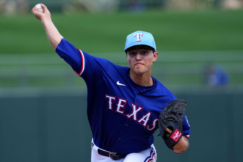 Mar 8, 2024; Surprise, Arizona, USA; Texas Rangers starting pitcher Jack Leiter (71) pitches against the Kansas City Royals during the first inning at Surprise Stadium. Mandatory Credit: Joe Camporeale-USA TODAY Sports