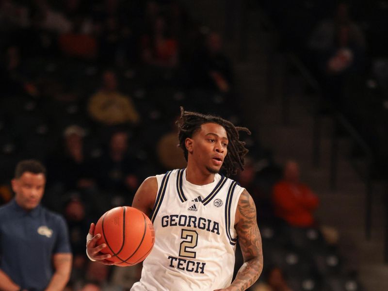 Jan 14, 2025; Atlanta, Georgia, USA; Georgia Tech Yellow Jackets guard Javian McCollum (2) dribbles the ball down the court against the Clemson Tigers during the first half at McCamish Pavilion. Mandatory Credit: Jordan Godfree-Imagn Images