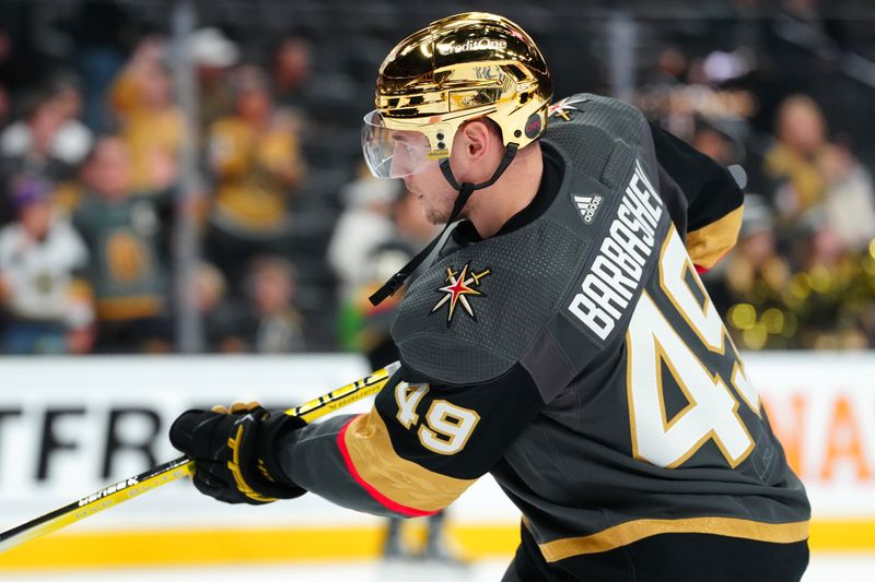 Dec 10, 2023; Las Vegas, Nevada, USA; Vegas Golden Knights center Ivan Barbashev (49) warms up before the start of a game against the San Jose Sharks at T-Mobile Arena. Mandatory Credit: Stephen R. Sylvanie-USA TODAY Sports