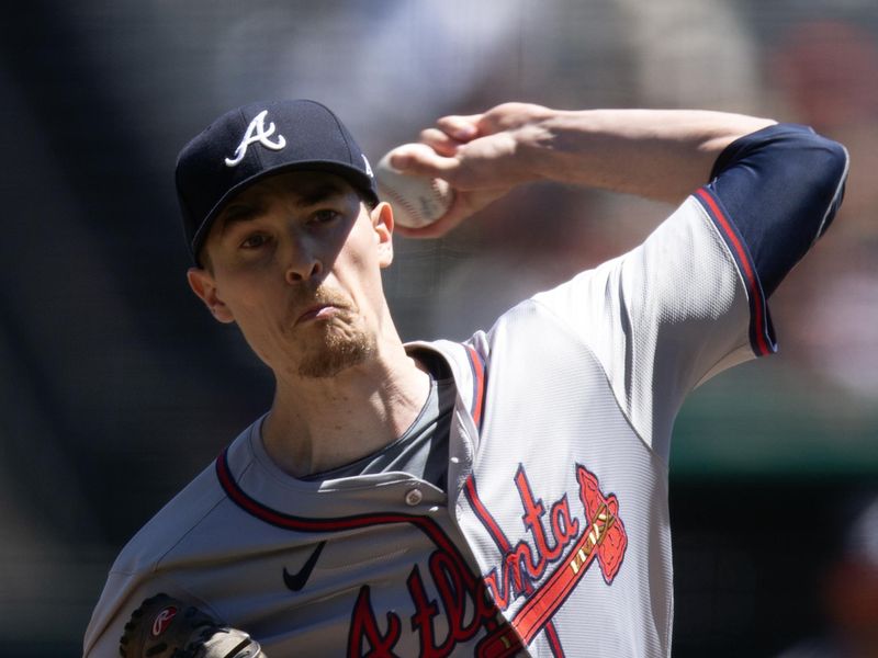Aug 15, 2024; San Francisco, California, USA; Atlanta Braves pitcher starting Max Fried (54) delivers against the San Francisco Giants during the first inning at Oracle Park. Mandatory Credit: D. Ross Cameron-USA TODAY Sports