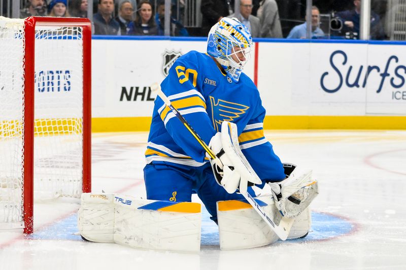 Oct 21, 2025; St. Louis, Missouri, USA; St. Louis Blues goaltender Jordan Binnington (50) defends the net against the Los Angeles Kings during the first period at Enterprise Center. Mandatory Credit: Jeff Curry-Imagn Images