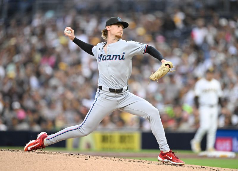 May 27, 2025; San Diego, California, USA; Miami Marlins pitcher Max Meyer (23) delivers during the first inning against the San Diego Padres at Petco Park. Mandatory Credit: Denis Poroy-Imagn Images