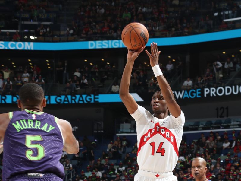 NEW ORLEANS, LA - NOVEMBER 27: Ja'Kobe Walter #14 of the Toronto Raptors shoots a three point basket during the game against the New Orleans Pelicans  during a regular season game on November 27, 2024 at the Smoothie King Center in New Orleans, Louisiana. NOTE TO USER: User expressly acknowledges and agrees that, by downloading and or using this Photograph, user is consenting to the terms and conditions of the Getty Images License Agreement. Mandatory Copyright Notice: Copyright 2024 NBAE (Photo by Layne Murdoch Jr./NBAE via Getty Images)