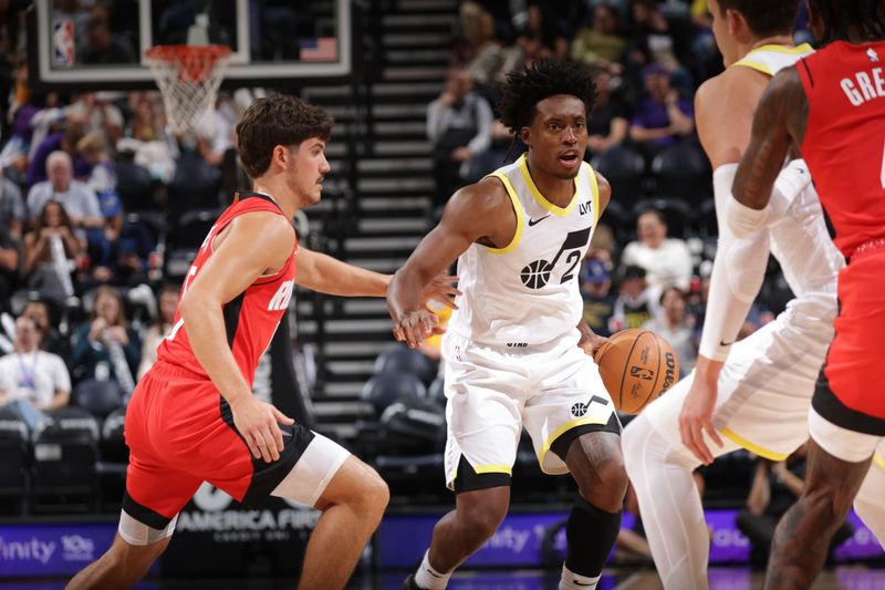 SALT LAKE CITY, UT - OCTOBER 7: Collin Sexton #2 of the Utah Jazz handles the ball during the game against the Houston Rockets during a NBA preseason game on October 7, 2024 at the Delta Center in Salt Lake City, Utah. NOTE TO USER: User expressly acknowledges and agrees that, by downloading and or using this Photograph, User is consenting to the terms and conditions of the Getty Images License Agreement. Mandatory Copyright Notice: Copyright 2024 NBAE (Photo by Melissa Majchrzak/NBAE via Getty Images)