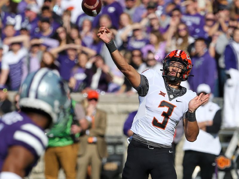 Oct 29, 2022; Manhattan, Kansas, USA; Oklahoma State Cowboys quarterback Spencer Sanders (3) passes the ball during the first quarter against the Kansas State Wildcats at Bill Snyder Family Football Stadium. Mandatory Credit: Scott Sewell-USA TODAY Sports