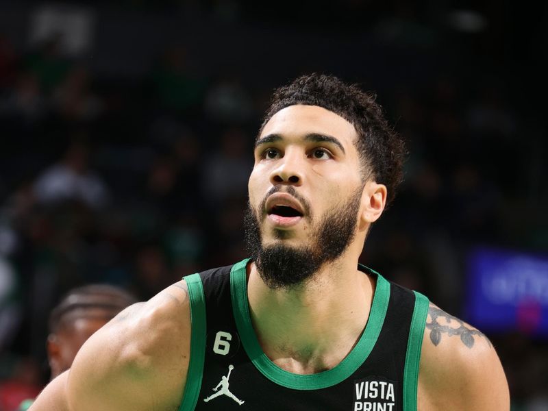 BOSTON, MA - FEBRUARY 3: Jayson Tatum #0 of the Boston Celtics shoots the ball during the game against the Phoenix Suns on February 3, 2023 at TD Garden in Boston, Massachusetts.  NOTE TO USER: User expressly acknowledges and agrees that, by downloading and or using this photograph, User is consenting to the terms and conditions of the Getty Images License Agreement. Mandatory Copyright Notice: Copyright 2022 NBAE  (Photo by Nathaniel S. Butler/NBAE via Getty Images)