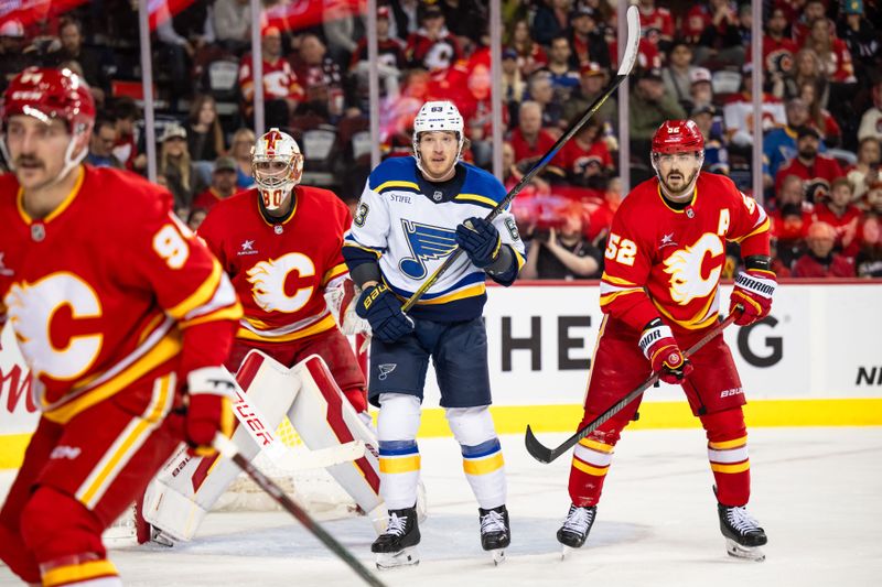 Dec 5, 2024; Calgary, Alberta, CAN; St. Louis Blues left wing Jake Neighbours (63) and Calgary Flames defenseman MacKenzie Weegar (52) compete for position in front of Calgary Flames goaltender Daniel Vladar (80) during the first period at Scotiabank Saddledome. Mandatory Credit: Brett Holmes-Imagn Images