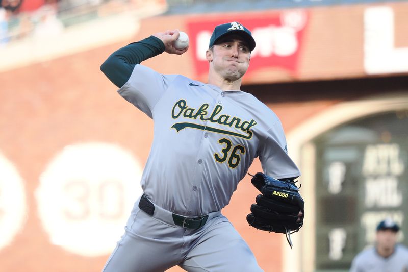 Jul 31, 2024; San Francisco, California, USA; Oakland Athletics starting pitcher Ross Stripling (36) pitches against the San Francisco Giants during the first inning at Oracle Park. Mandatory Credit: Kelley L Cox-USA TODAY Sports