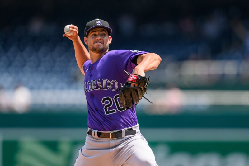 Jul 26, 2023; Washington, District of Columbia, USA; Colorado Rockies starting pitcher Peter Lambert (20) throws a pitch during the first inning against the Washington Nationals at Nationals Park. Mandatory Credit: Reggie Hildred-USA TODAY Sports