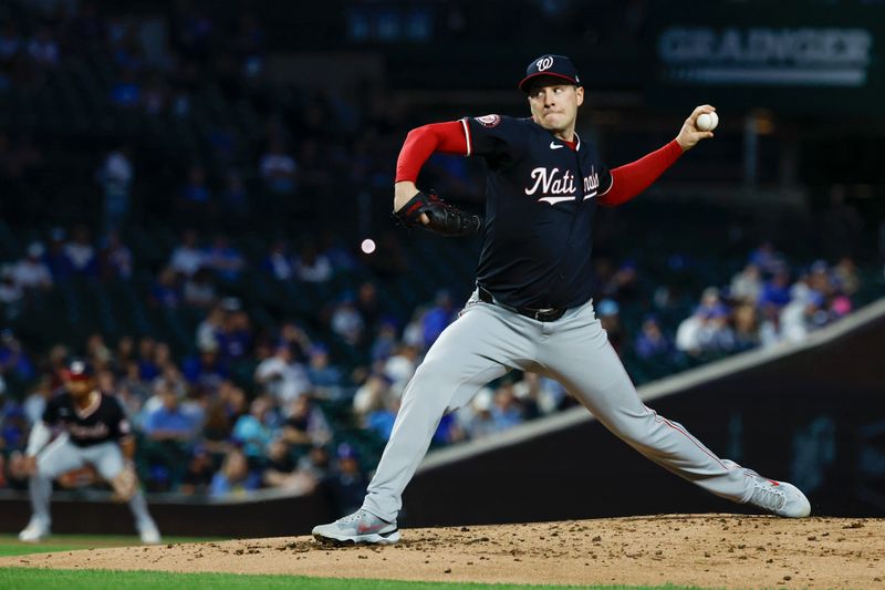 Sep 19, 2024; Chicago, Illinois, USA; Washington Nationals starting pitcher Patrick Corbin (46) delivers a pitch against the Chicago Cubs during the first inning at Wrigley Field. Mandatory Credit: Kamil Krzaczynski-Imagn Images