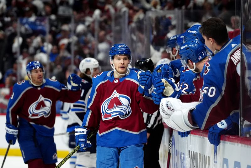 Apr 28, 2024; Denver, Colorado, USA; Colorado Avalanche left wing Artturi Lehkonen (62) celebrates his goal scored during the first period against the Winnipeg Jets in game four of the first round of the 2024 Stanley Cup Playoffs at Ball Arena. Mandatory Credit: Ron Chenoy-USA TODAY Sports