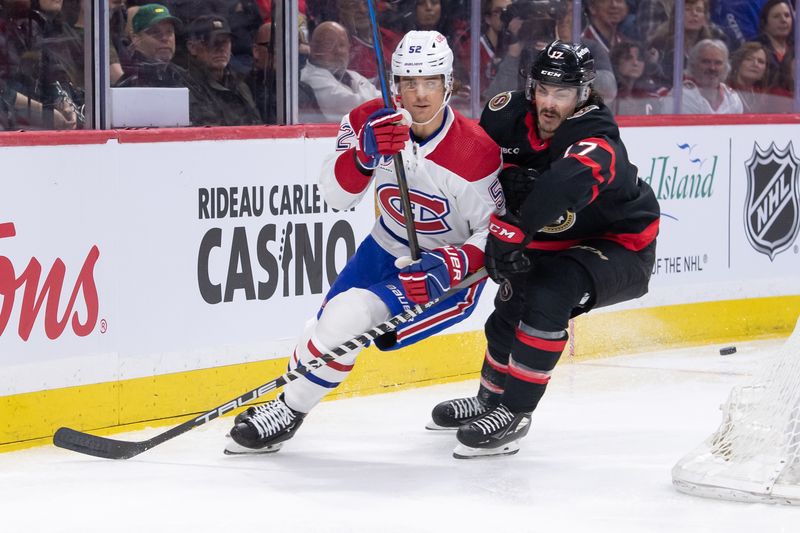 Apr 13, 2024; Ottawa, Ontario, CAN; Montreal Canadiens defenseman Justin Barron (52) and Ottawa Senators right wing Zack MacEwen (17) battle in the first period at the Canadian Tire Centre. Mandatory Credit: Marc DesRosiers-USA TODAY Sports