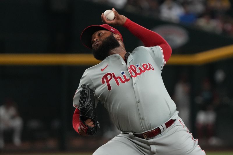 Aug 11, 2024; Phoenix, Arizona, USA; Philadelphia Phillies pitcher José Alvarado (46) throws against the Arizona Diamondbacks in the seventh inning at Chase Field. Mandatory Credit: Rick Scuteri-USA TODAY Sports